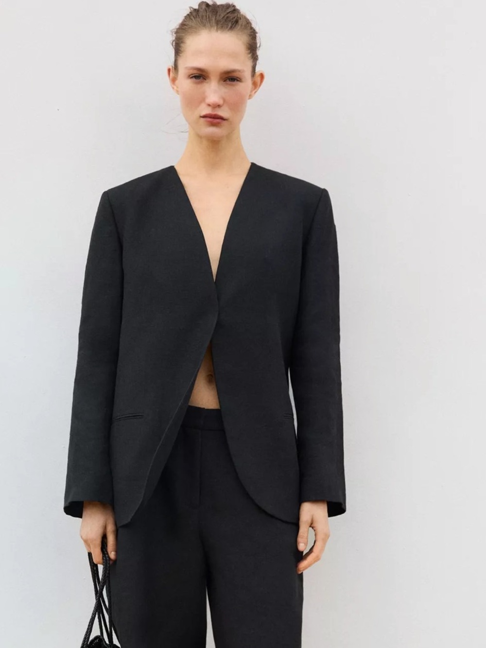 Massimo Dutti NWT 100% Linen Lapelless Blazer Black Ref 6055/681